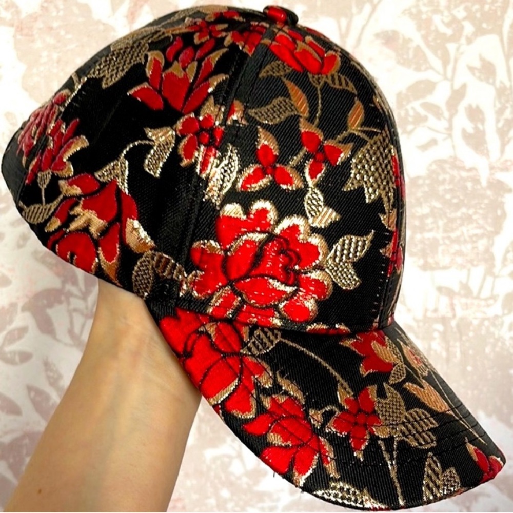 Red Gold and Black Brocade Ornate Floral Baseball Cap